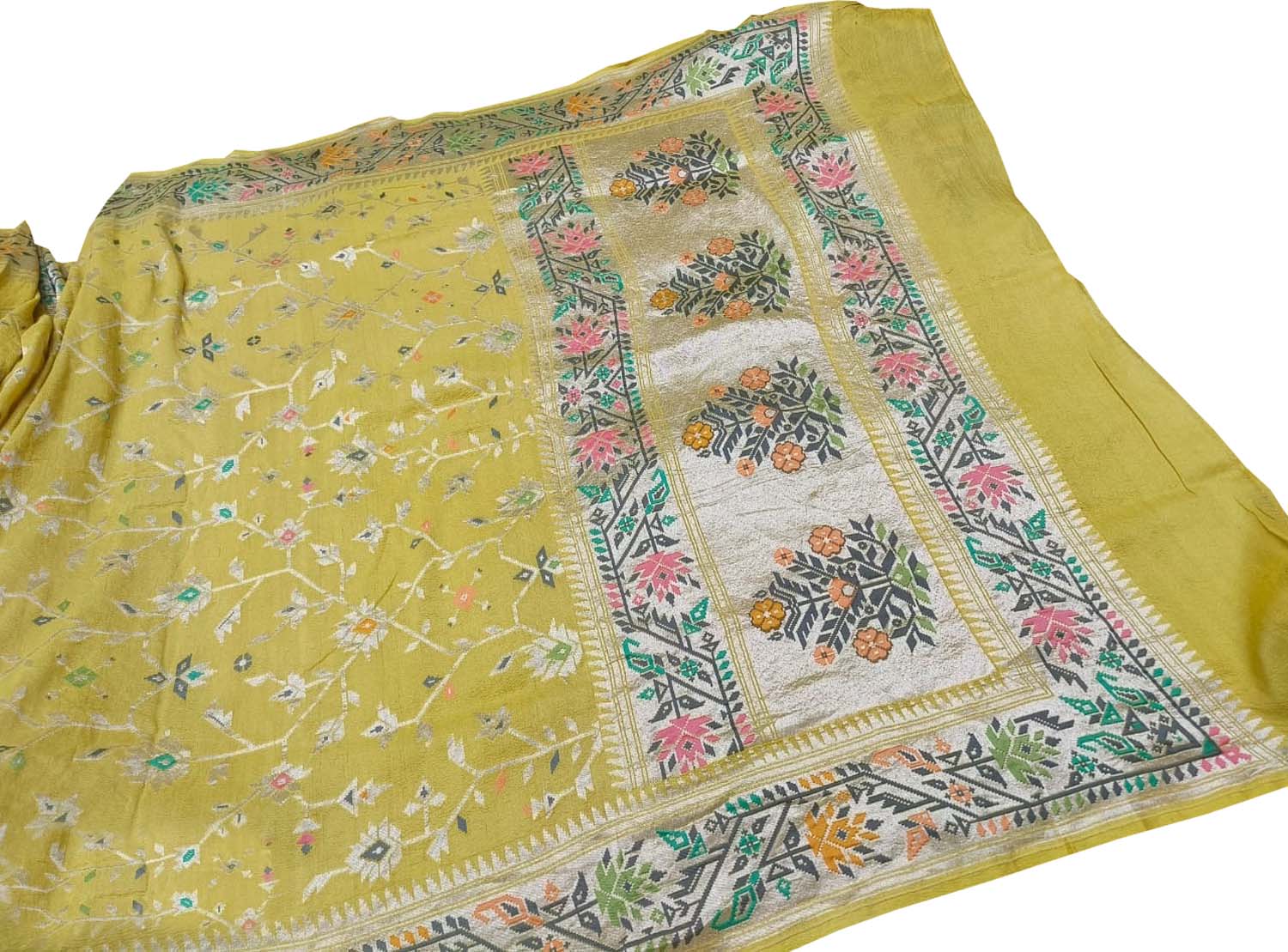Yellow Banarasi Handloom Tussar Georgette Saree - Luxurion World