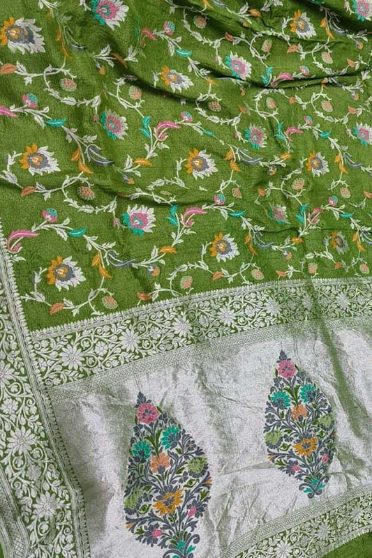 Elegant Green Banarasi Tussar Georgette Saree - Luxurion World