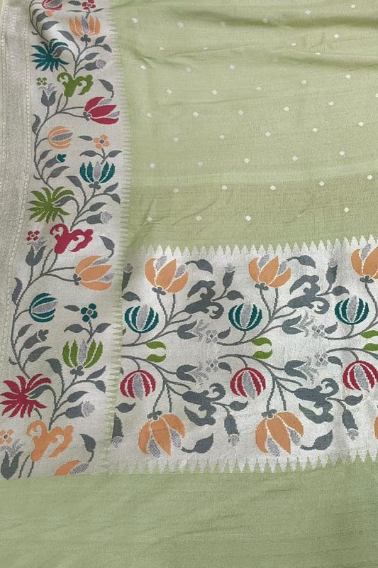 Green Banarasi Handloom Tussar Georgette Saree - Luxurion World