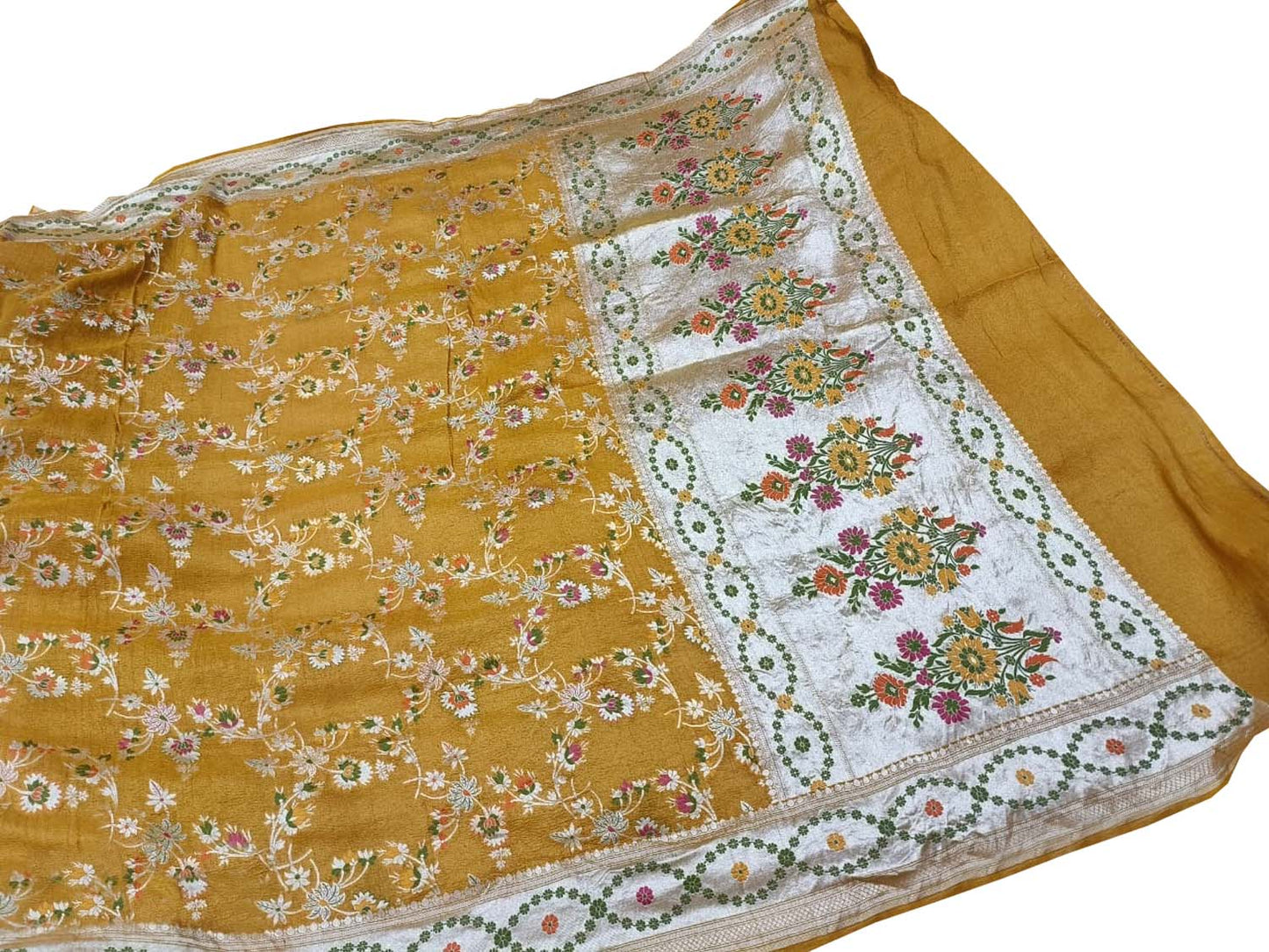 Yellow Banarasi Handloom Tussar Georgette Saree - Luxurion World