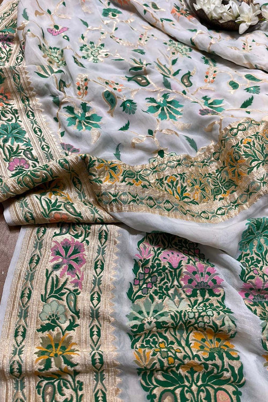Stunning Dyeable Banarasi Georgette Meenakari Saree - Luxurion World