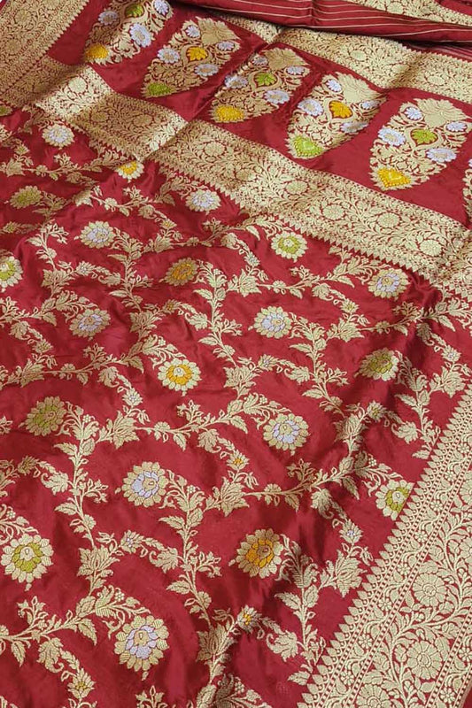 Red Banarasi Pure Katan Silk Handloom Jaal Work Meenakari Saree - Luxurion World