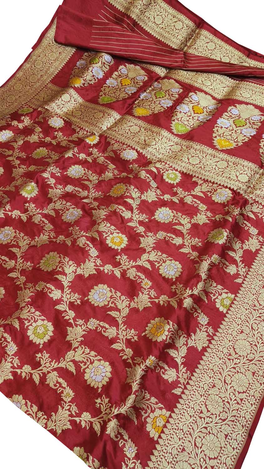 Red Banarasi Pure Katan Silk Handloom Jaal Work Meenakari Saree - Luxurion World