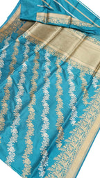 Blue Banarasi Pure Katan Silk Handloom Sona Roopa Saree - Luxurion World
