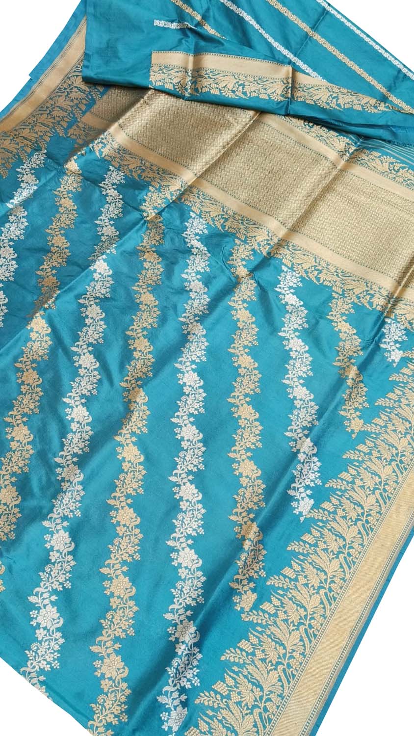 Blue Banarasi Pure Katan Silk Handloom Sona Roopa Saree - Luxurion World