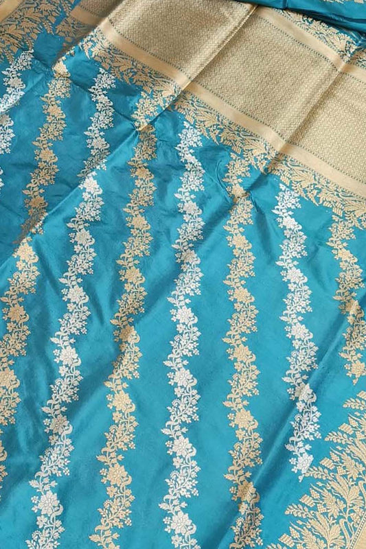 Blue Banarasi Pure Katan Silk Handloom Sona Roopa Saree - Luxurion World