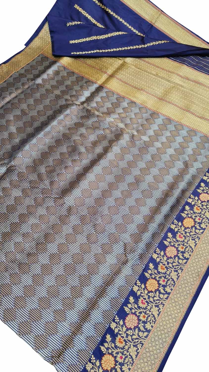 Blue Banarasi Pure Katan Silk Handloom Saree - Luxurion World