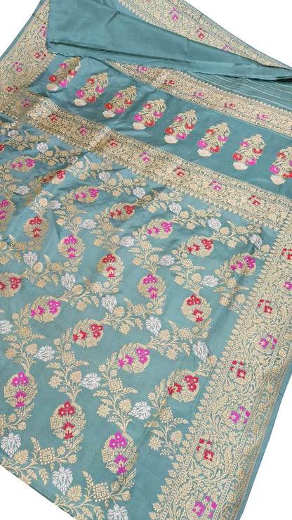 Blue Banarasi Pure Katan Silk Handloom Meenakari Saree - Luxurion World