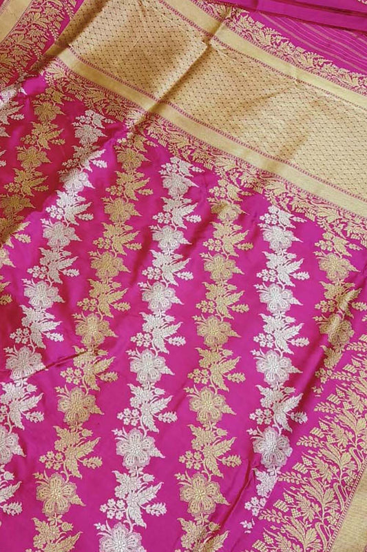 Pink Banarasi Pure Katan Silk Handloom Sona Roopa Saree - Luxurion World