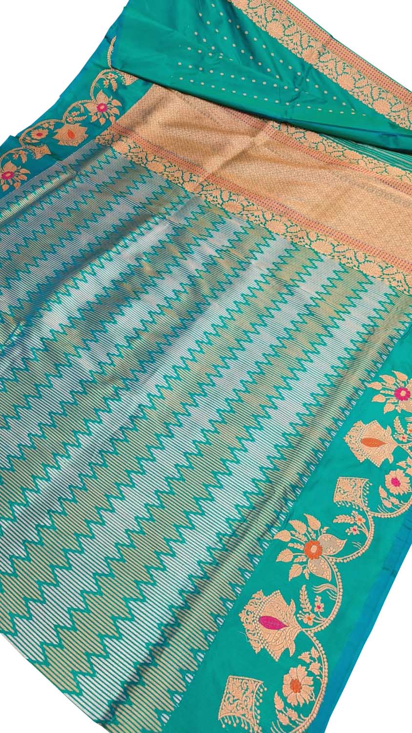 Blue Banarasi Pure Katan Silk Handloom Zig Zag Line Saree - Luxurion World