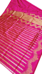 Pink Banarasi Pure Katan Silk Handloom Stripe Design Saree - Luxurion World