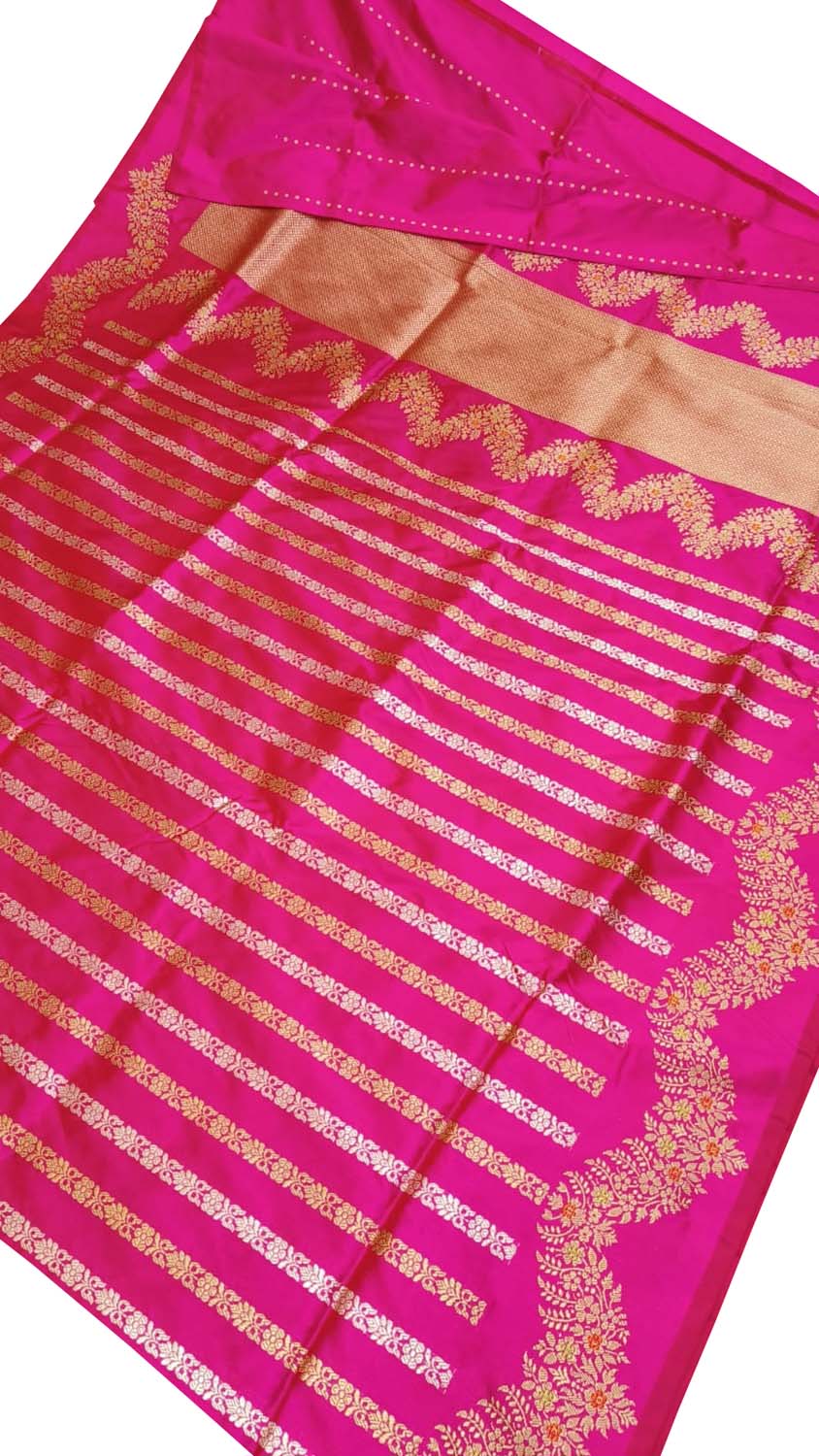 Pink Banarasi Pure Katan Silk Handloom Stripe Design Saree - Luxurion World