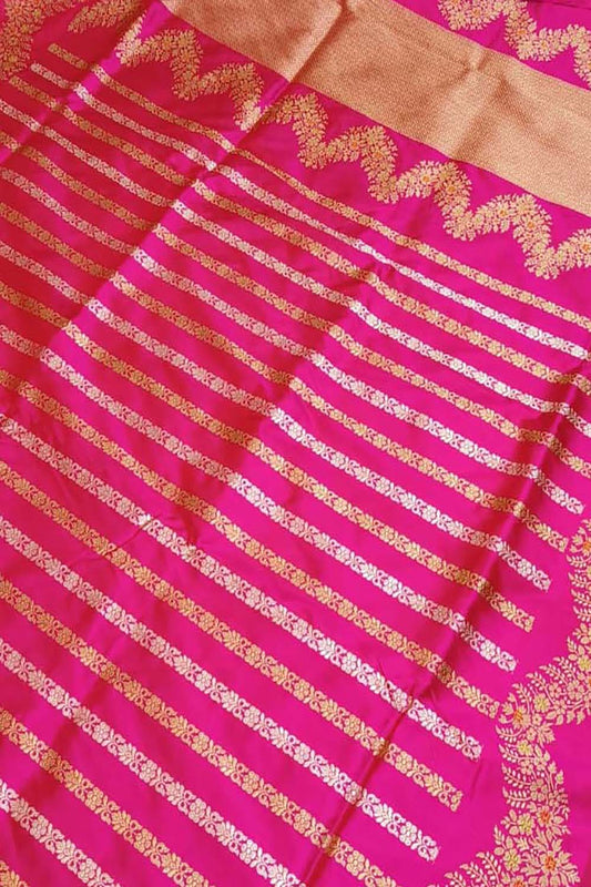 Pink Banarasi Pure Katan Silk Handloom Stripe Design Saree - Luxurion World