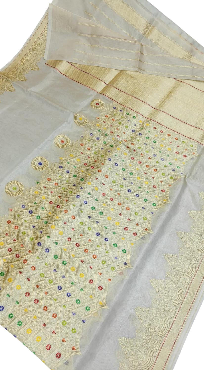 Off White Banarasi Pure Katan Silk Handloom Meenakari Saree - Luxurion World