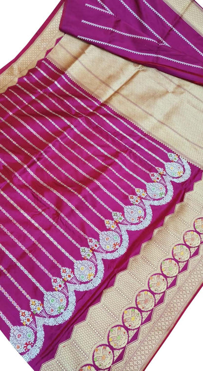 Pink Banarasi Pure Katan Silk Handloom Stripe Design Saree - Luxurion World