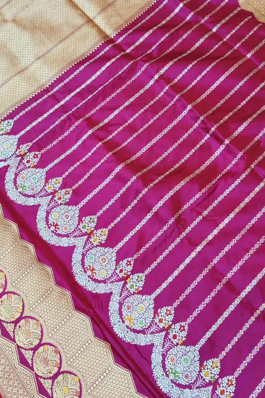 Pink Banarasi Pure Katan Silk Handloom Stripe Design Saree - Luxurion World