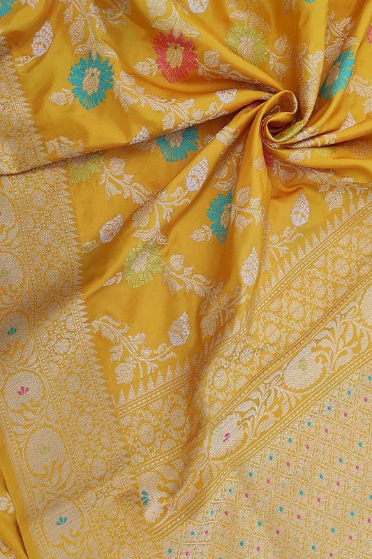 Yellow Handloom Banarasi Pure Katan Silk Meenakari Saree - Luxurion World