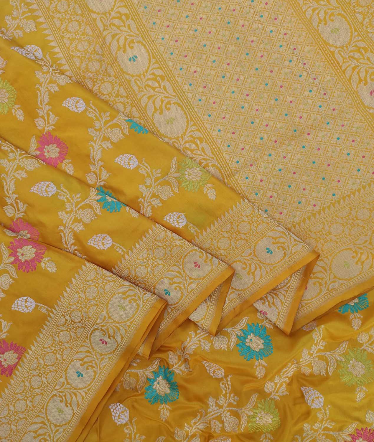 Yellow Handloom Banarasi Pure Katan Silk Meenakari Saree - Luxurion World