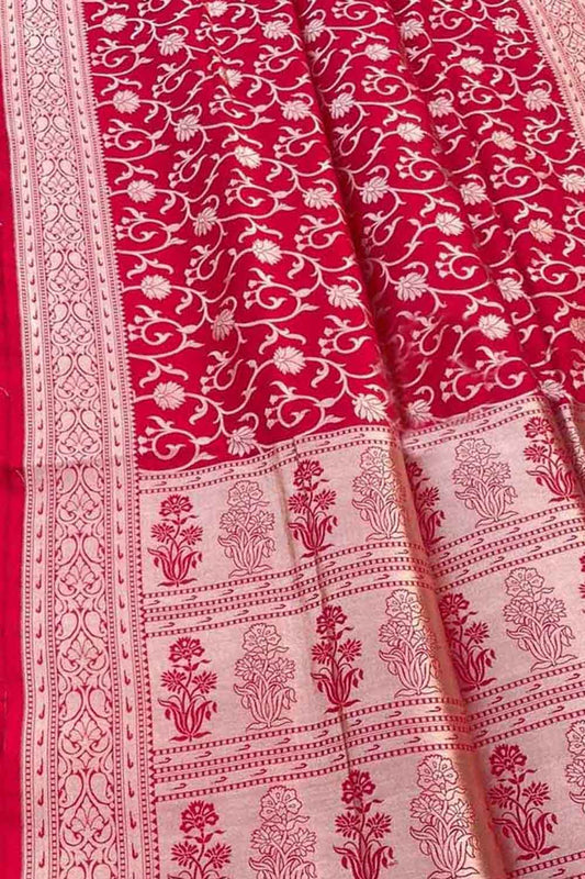 Red Banarasi Handloom Pure Katan Silk Saree - Luxurion World