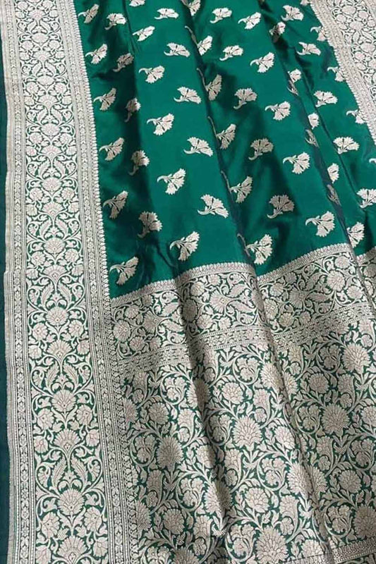 Green Banarasi Handloom Pure Katan Silk Saree - Luxurion World