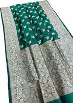 Green Banarasi Handloom Pure Katan Silk Saree - Luxurion World
