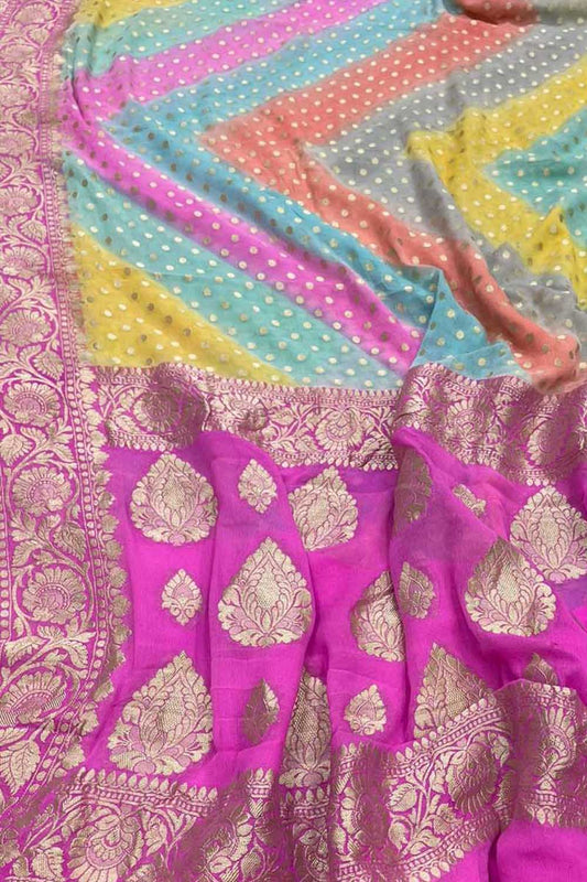 Multicolor Banarasi Handloom Pure Georgette Brush Dyed Saree - Luxurion World