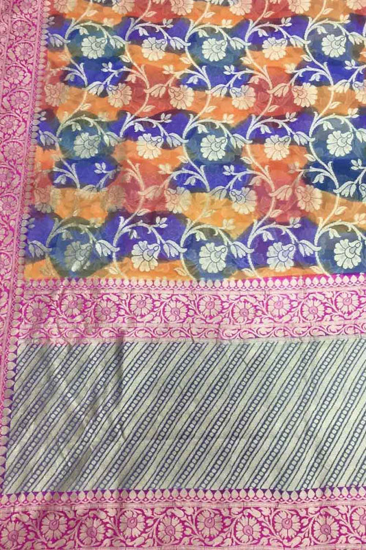 Multicolor Banarasi Handloom Pure Georgette Brush Dyed Saree - Luxurion World