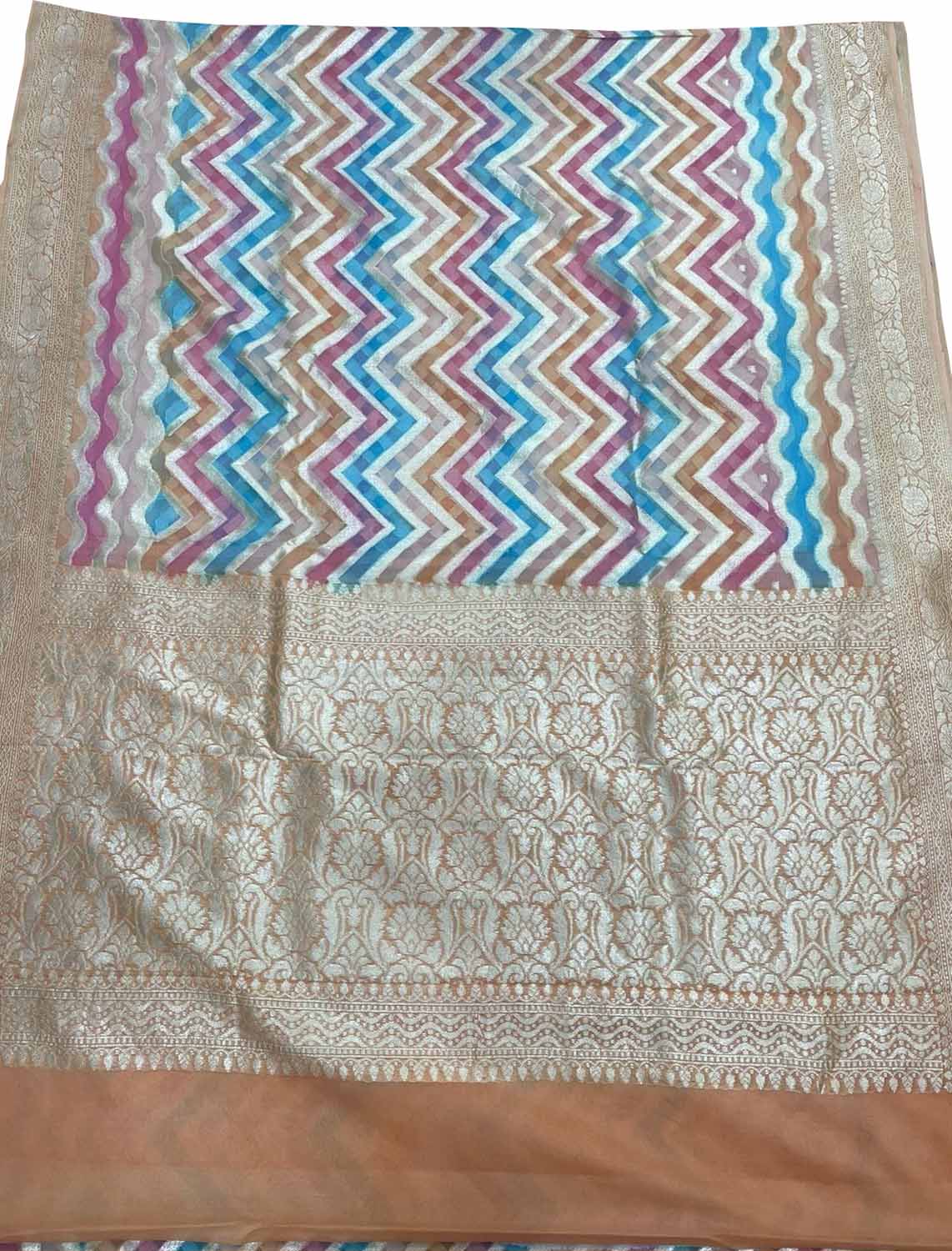 Multicolor Banarasi Handloom Pure Georgette Brush Dyed Saree - Luxurion World
