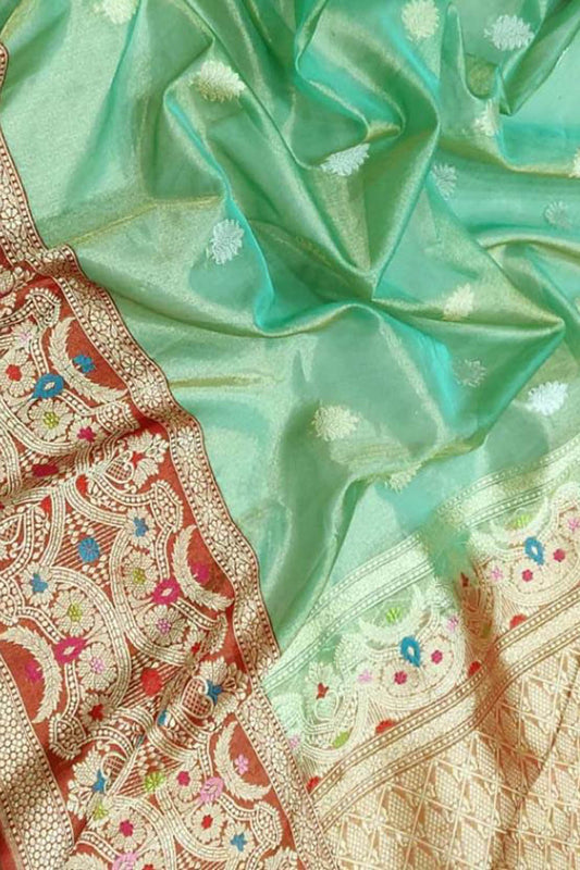 Green Banarasi Handloom Pure Tissue Silk Meenakari Saree - Luxurion World