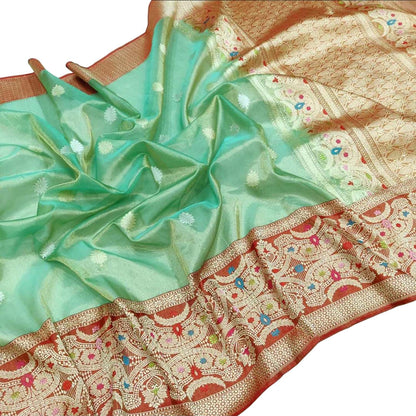 Green Banarasi Handloom Pure Tissue Silk Meenakari Saree - Luxurion World