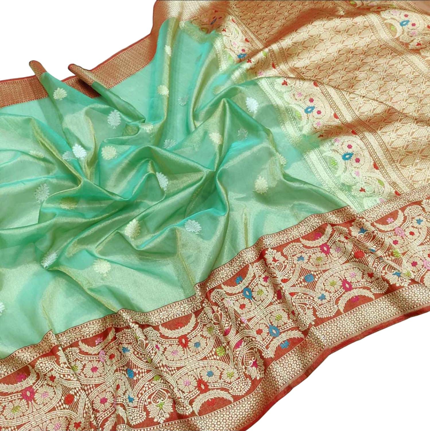 Green Banarasi Handloom Pure Tissue Silk Meenakari Saree - Luxurion World