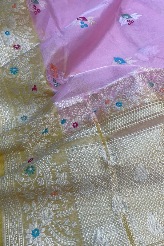 Pink Banarasi Handloom Pure Tissue Silk Saree - Luxurion World