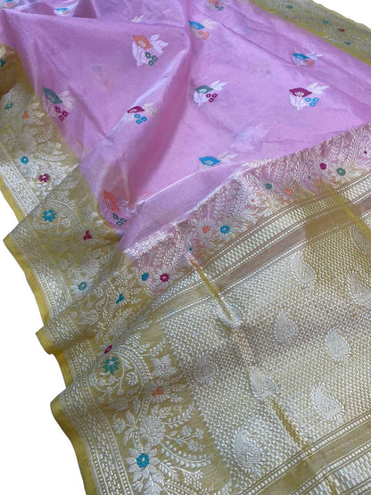 Pink Banarasi Handloom Pure Tissue Silk Saree - Luxurion World