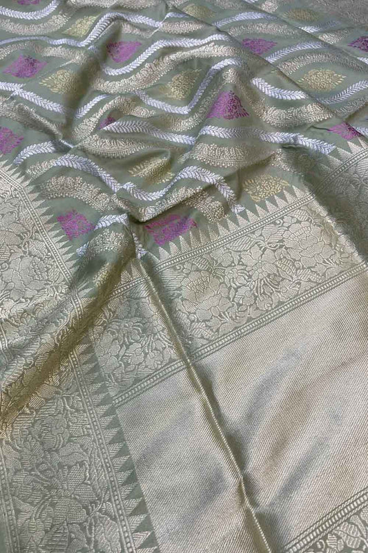 Grey Banarasi Handloom Pure Katan Silk Saree - Luxurion World
