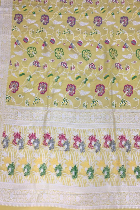 Yellow Banarasi Handloom Pure Tussar Georgette Meenakari Saree - Luxurion World