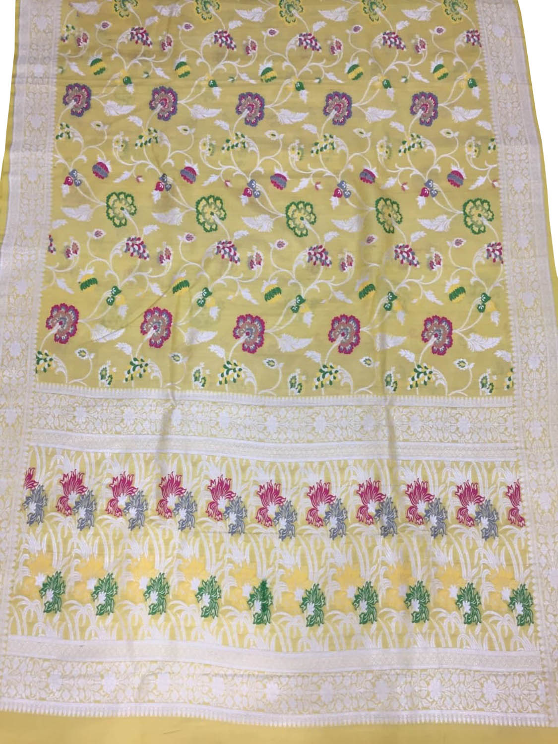 Yellow Banarasi Handloom Pure Tussar Georgette Meenakari Saree - Luxurion World