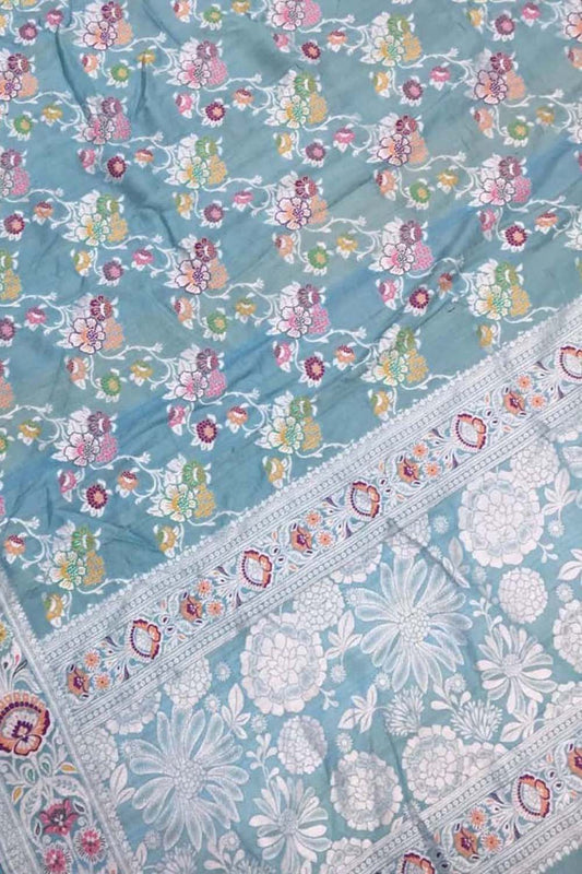 Blue Banarasi Handloom Pure Tussar Georgette Meenakari Saree - Luxurion World