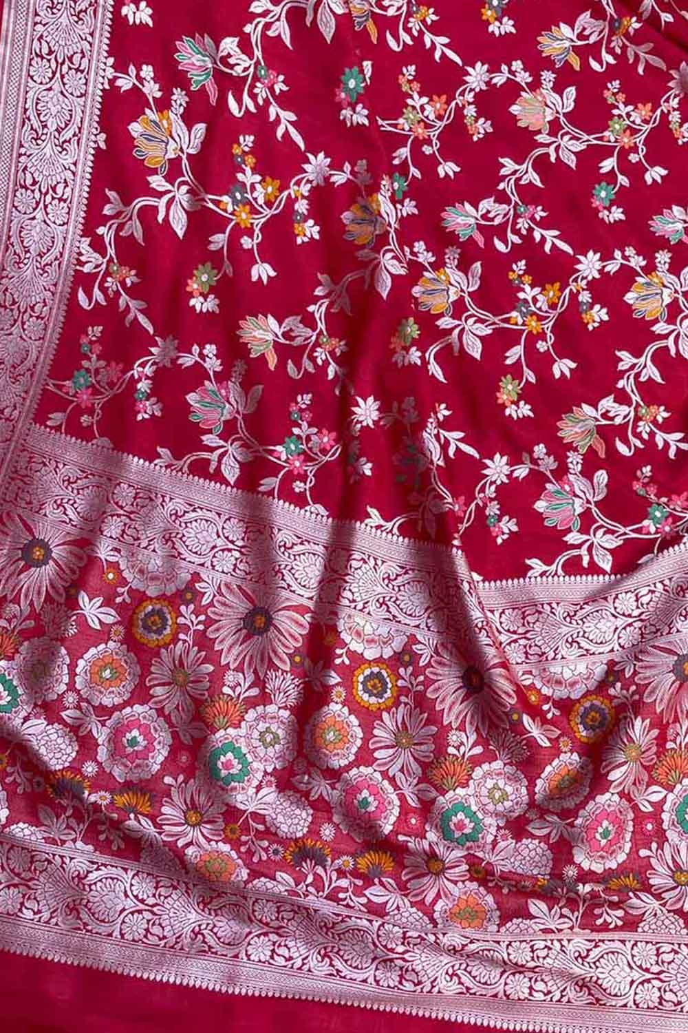 Red Banarasi Handloom Pure Tussar Georgette Meenakari Saree - Luxurion World