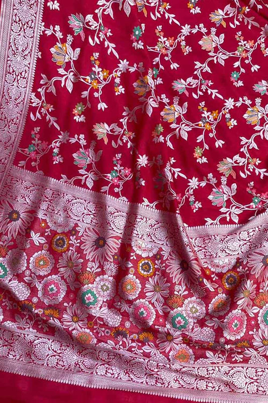 Red Banarasi Handloom Pure Tussar Georgette Meenakari Saree - Luxurion World