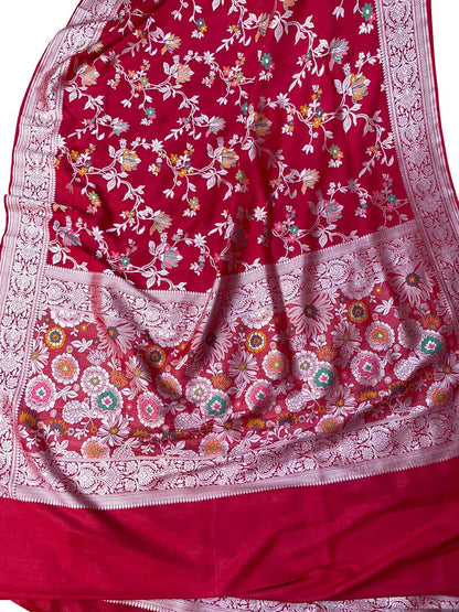Red Banarasi Handloom Pure Tussar Georgette Meenakari Saree - Luxurion World