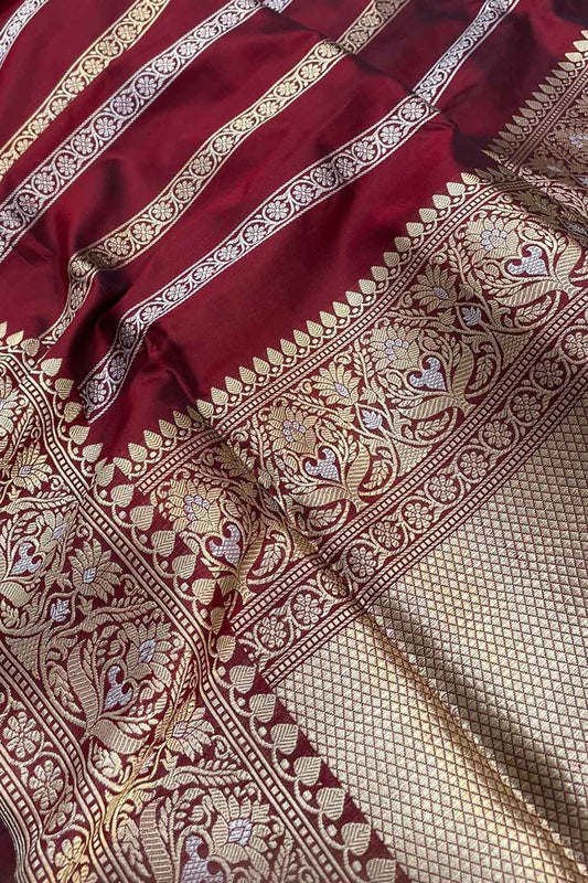 Maroon Banarasi Handloom Pure Katan Silk Stripes Design Sona Roops Saree - Luxurion World