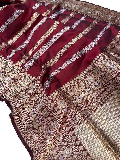 Maroon Banarasi Handloom Pure Katan Silk Stripes Design Sona Roops Saree