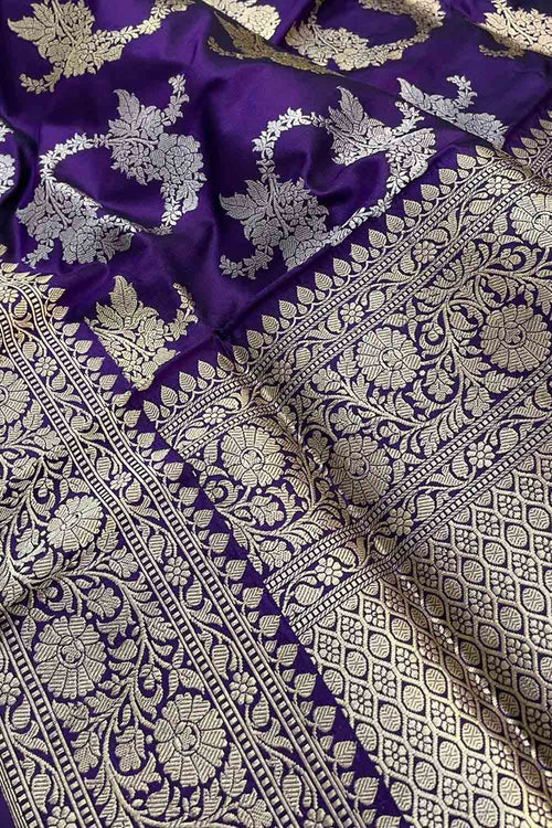 Purple Banarasi Handloom Pure Katan Silk Saree - Luxurion World