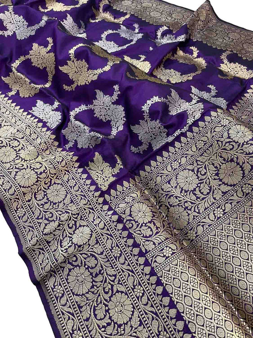 Purple Banarasi Handloom Pure Katan Silk Saree - Luxurion World