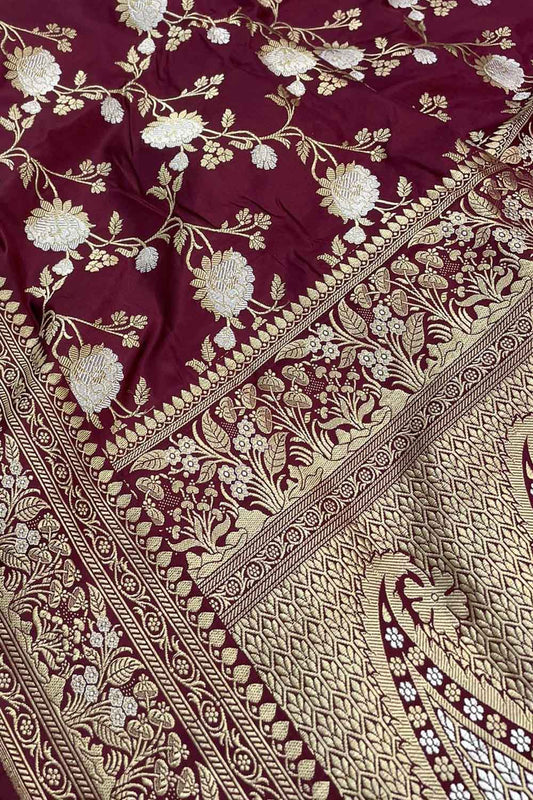 Maroon Banarasi Handloom Pure Katan Silk Saree - Luxurion World
