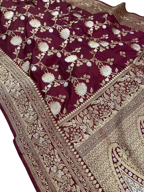 Maroon Banarasi Handloom Pure Katan Silk Saree - Luxurion World