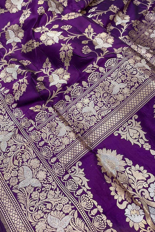 Purple Banarasi Handloom Pure Katan Silk Saree - Luxurion World
