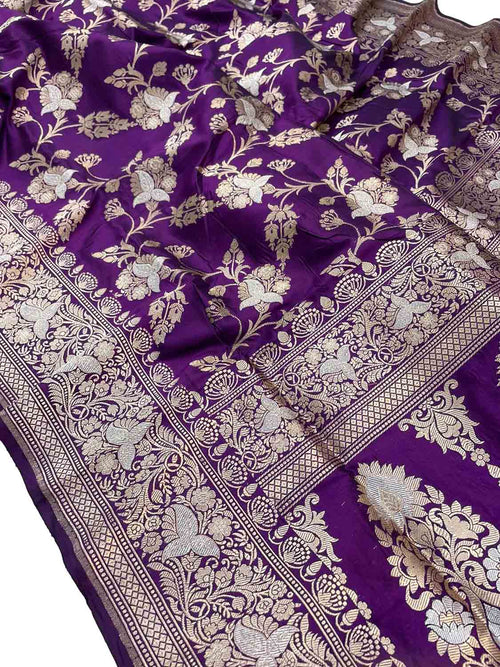 Purple Banarasi Handloom Pure Katan Silk Saree - Luxurion World