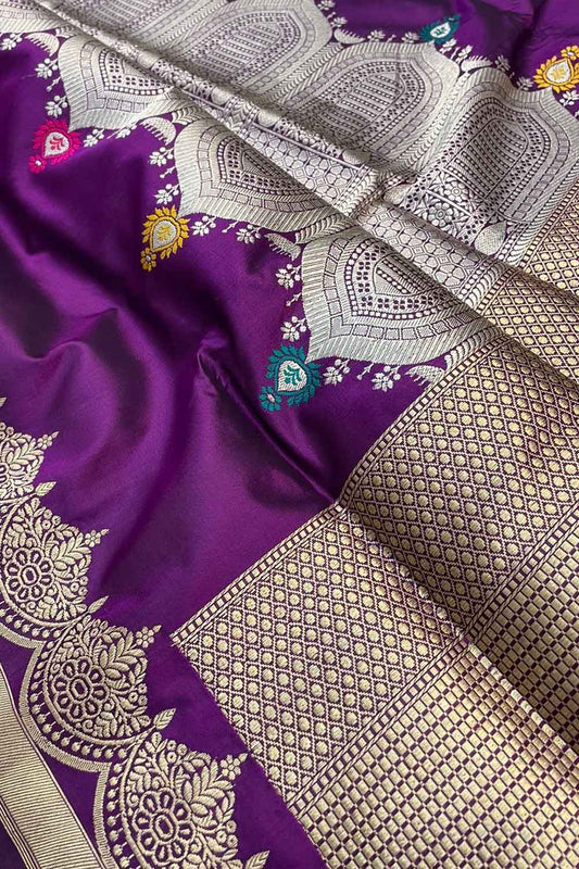 Purple Banarasi Handloom Pure Katan Silk Meenakari Saree - Luxurion World