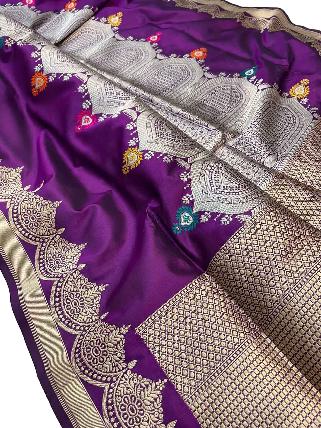 Purple Banarasi Handloom Pure Katan Silk Meenakari Saree - Luxurion World